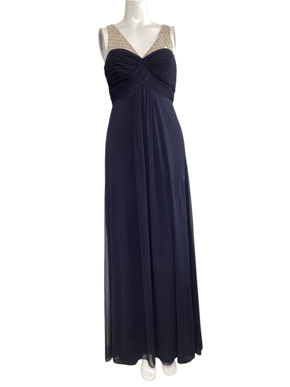 Xscape Navy Maxi Gown with Beaded Cream Straps